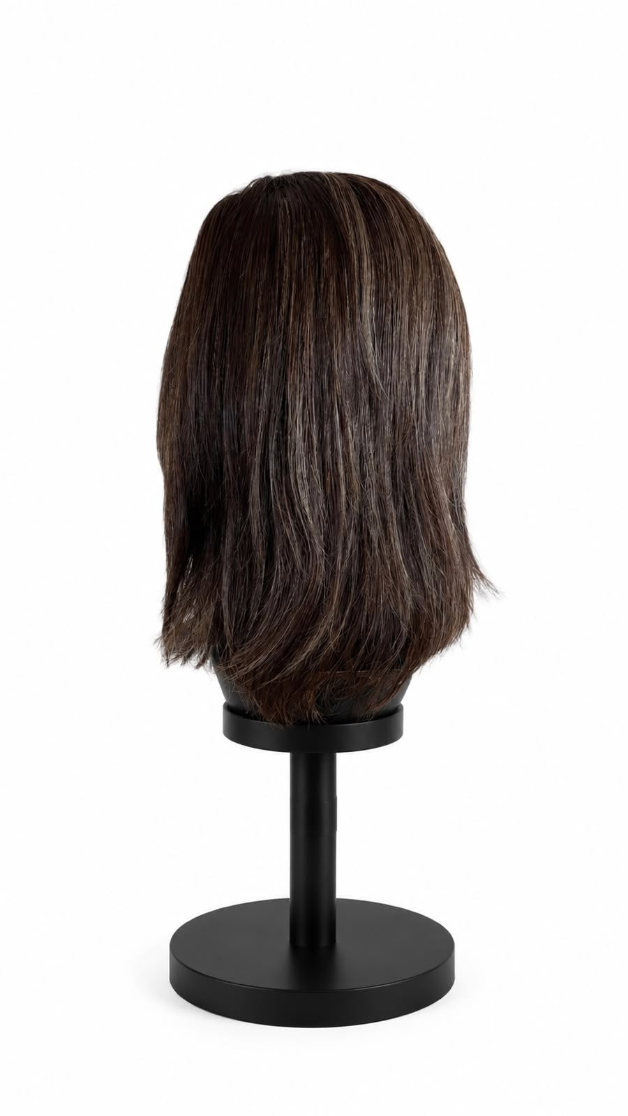 Peluca Media Melena Castaño Oscuro Corte Capas y Flequillo Ladeado